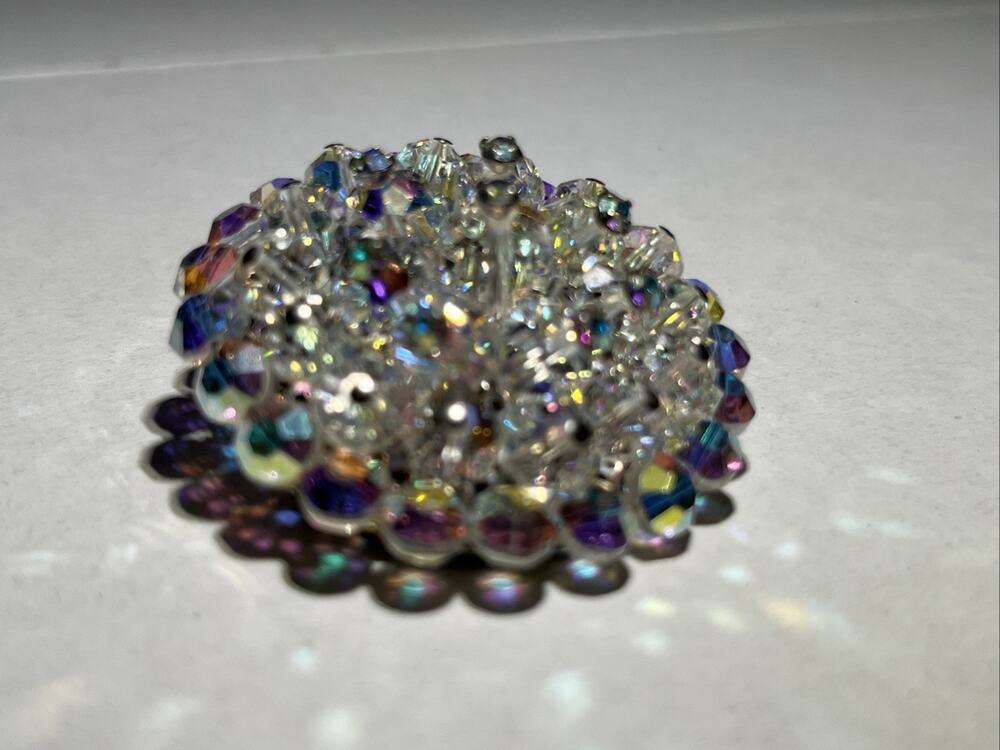 Silver Tone Crystal Glass Bead & Rhinestone 2" Round Brooch Vintage